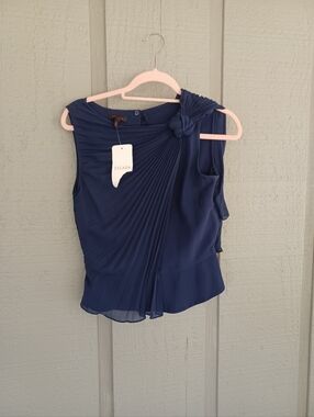 Escada Gathered Pleated Top Size 36 US 6 Women Quiet Luxury Silk Blend Knot Navy